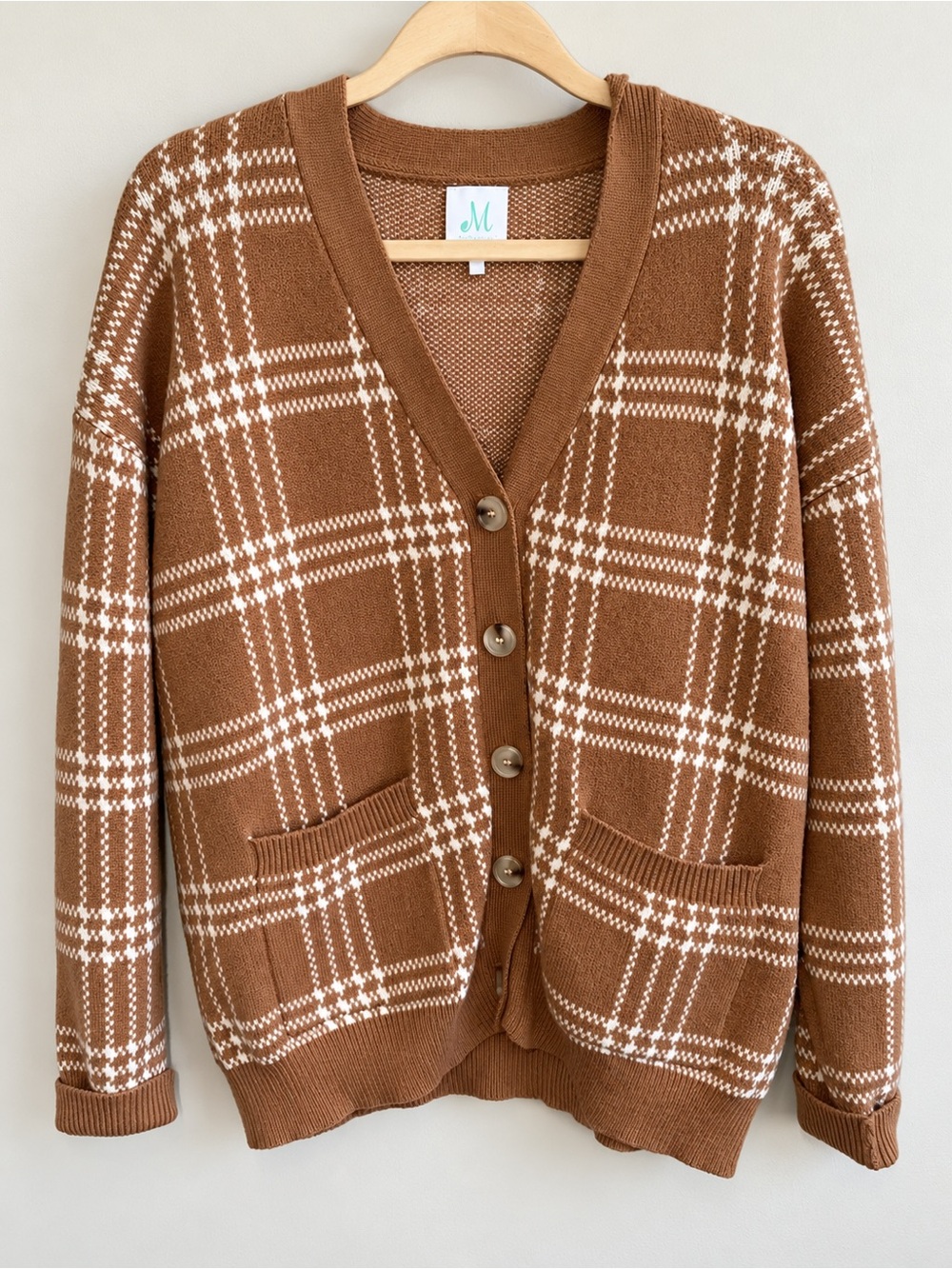 M Boutique Brown & Cream Plaid Button Front Cardigan Size Small